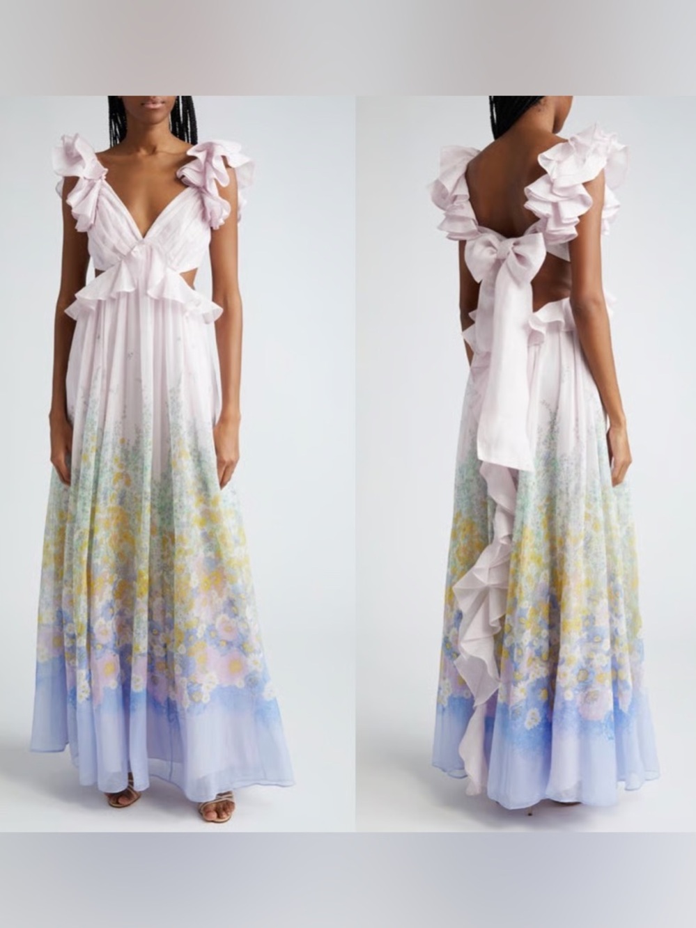 NWT Zimmermann Floral Ruffle Linen & Silk Gown Dress in Blue Meadow OP US2P